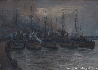 WV-Nr. 001, Wilhelmshaven, Vor der Ausfahrt, 1910er, Öl auf Holz, 49,3 cm x 35,5 cm, Privatbesitz