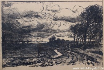 WV-Nr. 093, Schoost, Feldweg mit Figur und Heck, 1900-1919, Lithographie, 35 cm x 23 cm, Privatbesitz