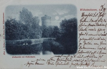 WV-Nr. 1022, Stadtpark mit Wasserturm in Wilhelmshaven, 1890-1900, Fotografie auf Postkarte, 14 cm x 9 cm, Privatbesitz