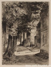 WV-Nr. 121, Unbekannter Ort, Wohnstraße mit Bäumen, 1900-1919, Radierung, 14,5 cm x 19,5 cm, Privatbesitz
