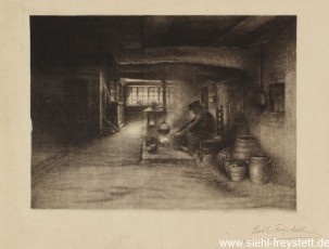 WV-Nr. 126, Unbekannter Ort, Mann an der Feuerstelle, 1900-1919, Radierung, 29,5 cm x 21,3 cm, Privatbesitz