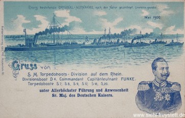 WV-Nr. 241, S.M. Torpedoboots-Division auf dem Rhein m. Wilhelm II., um 1900, Lithographie