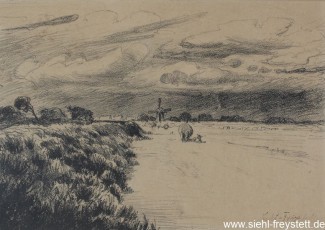 WV-Nr. 287, Unbekannter Ort, Landschaft mit Mühle, 1900-1919, Kohle auf Papier, 31 cm x 22 cm, Privatbesitz