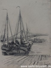 WV-Nr. 355, Wilhelmshaven, Boote vor der Kaiser-Wilhelm-Brücke, 1910, Zeichnung, 29 cm x 38 cm, Privatbesitz