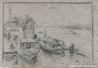 WV-Nr. 389, Wilhelmshaven, Wohnschiff Hulk Leipzip an der Nord-Gazellen-Brücke, 1913, Bleistift auf Papier, 38 cm x 28 cm, Privatbesitz