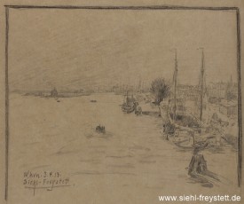 WV-Nr. 397 Wilhelmshaven, Boote unterhalb der Kaiser-Wilhelm-Brücke, um 1913, Bleistift auf Papier, 33 cm x 30 cm, Privatbesitz