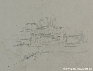 WV-Nr. 404, Skizze zum Schnelldampfer Kaiser Wilhelm der Große, 1900 - 1919, Bleistift auf Papier, 15 cm x 10 cm, Privatbesitz