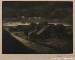 WV-Nr. 418, Unbekannter Ort, Siedlung hinter dem Deich, 1900-1919, Radierung, 20 cm x 15 cm, Privatbesitz