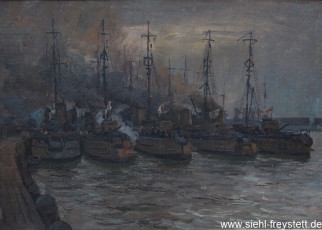 WV-Nr. 001, Wilhelmshaven, Vor der Ausfahrt, 1910er, Öl auf Holz, 49,3 cm x 35,5 cm, Privatbesitz