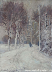 WV-Nr. 007, Unbekannter Ort, Winterliche Landschaft mit Kirche, 1918, Öl auf Karton, 23 cm x 30,5 cm, Privatbesitz