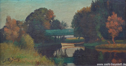 WV-Nr. 015, Unbekannter Ort, Fluss mit Brücke und Boot, 1900-1910, Öl auf Karton, 36,5 cm x 20 cm, Privatbesitz