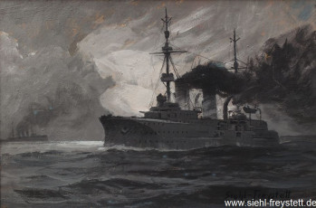 WV-Nr. 017, Unbekannter Ort, Nachtgefecht SMS Prinz Heinrich, 1910er, Öl auf Karton, 36,5 cm x 24,6 cm, Privatbesitz