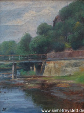 WV-Nr. 019, Unbekannter Ort, Brücke mit Flussufer, um 1900, Öl auf Karton, 19 cm x 25 cm, Privatbesitz