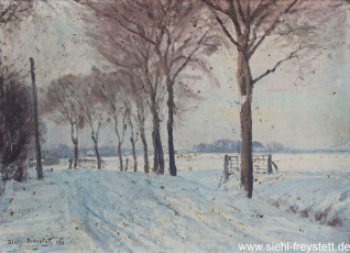 WV-Nr. 021, Unbekannter Ort, Winterliche Straßenansicht, 1918, Öl auf Holz, 49 cm x 35,5 cm, Privatbesitz