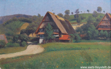 WV-Nr. 022, Unbekannter Ort, Bauernsiedlung, 1890-1919, Öl auf Karton, 40 cm x 25,5 cm, Privatbesitz