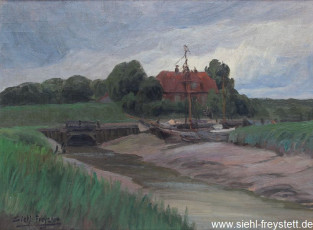 WV-Nr. 025, Ellenserdammersiel, Zollhaus mit Siel, 1900-1919, Öl auf Leinwand, 46 cm x 34 cm, Privatbesitz