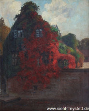 WV-Nr. 027, Unbekannter Ort, Herbstlicher Wein am Hausgiebel, 1900-1919, Öl auf Leinwand, 42,4 cm x 52,2 cm, Privatbesitz