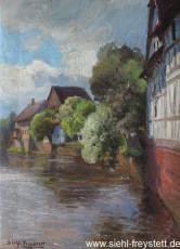 WV-Nr. 028, Freistett, Häuser am Bach, 1900-1919, Öl auf Leinwand, 34,5 cm x 46,3 cm, Privatbesitz