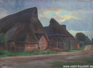 WV-Nr. 032, Unbekannter Ort, Fachwerkhöfe mit Reetdächern, 1900-1919, Öl auf Leinwand, 65,1 cm x 47 cm, Privatbesitz