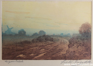 WV-Nr. 054, Unbekannter Ort, Landschaft mit Mühle, 1900-1919, Radierung, 15 cm x 9,7 cm, Privatbesitz