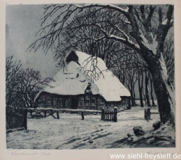 WV-Nr. 058, Unbekannter Ort, Verschneite Kate, 1900-1919, Radierung, 20 cm x 17,2 cm, Privatbesitz