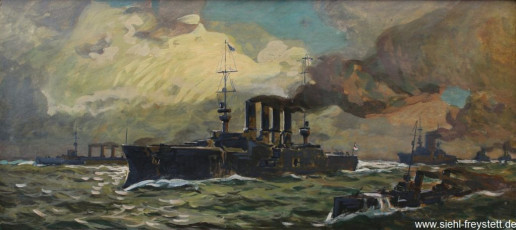 WV-Nr. 064, Wilhelmshaven, Flotte des Grafen Spee, 1900-1919, Öl auf Karton, 53 cm x 24 cm, Privatbesitz