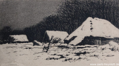 WV-Nr. 070, Unbekannter Ort, Bauernhöfe im Schnee, 1900-1919, Radierung, 10,8 cm x 6 cm, Privatbesitz