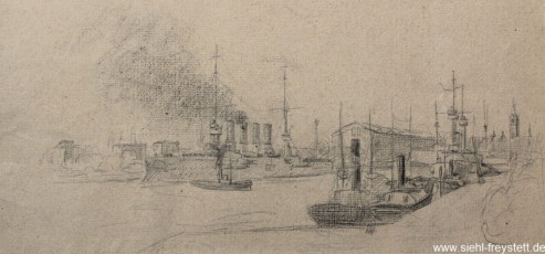 WV-Nr. 081, Wilhelmshaven, Kriegsschiffe im Bauhafen, 1900-1919, Zeichnung, 38 cm x 21,5 cm, Privatbesitz