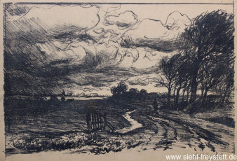 WV-Nr. 093, Schoost, Feldweg mit Figur und Heck, 1900-1919, Lithographie, 35 cm x 23 cm, Privatbesitz