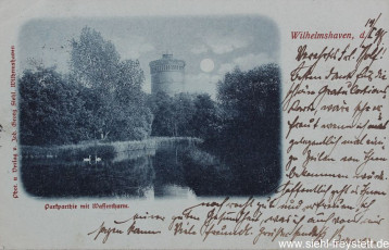 WV-Nr. 1022, Stadtpark mit Wasserturm in Wilhelmshaven, 1890-1900, Fotografie auf Postkarte, 14 cm x 9 cm, Privatbesitz