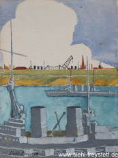 WV-Nr. 107, Wilhelmshaven, Kriegsschiffe im Hafen, 1900-1919, Tempera, 27 cm x 35,5 cm, Privatbesitz