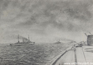 WV-Nr. 112, Unbekannter Ort, Kriegsschiffe auf See, 1900-1919, Zeichnung, 34,8 cm x 24,5 cm, Privatbesitz