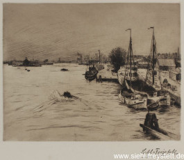 WV-Nr. 113, Wilhelmshaven, Boote unterhalb der Kaiser-Wilhelm-Brücke, um 1913, Radierung, 26,8 cm x 20,8 cm, Privatbesitz