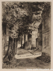 WV-Nr. 121, Unbekannter Ort, Wohnstraße mit Bäumen, 1900-1919, Radierung, 14,5 cm x 19,5 cm, Privatbesitz