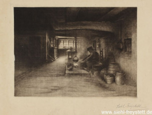WV-Nr. 126, Unbekannter Ort, Mann an der Feuerstelle, 1900-1919, Radierung, 29,5 cm x 21,3 cm, Privatbesitz