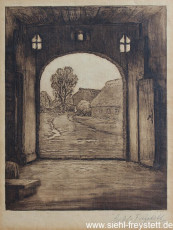 WV-Nr. 127, Unbekannter Ort, Blick auf den Hof, 1900-1918, Radierung, 13,5 cm x 17 cm, Privatbesitz