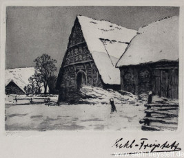 WV-Nr. 129, Unbekannter Ort, Fachwerkhof im Winter, 1900-1919, Radierung, 14 cm x 10 cm, Privatbesitz