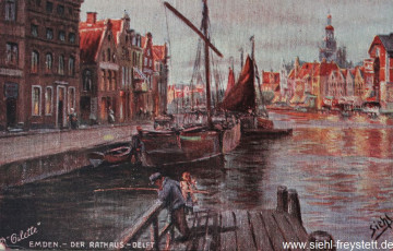 WV-Nr. 138, Emden, Hafen und Rathaus, um 1900, Ölgemälde