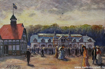 WV-Nr. 161, Oldenburg, Maschinenhalle und Verwaltungsgebäude auf der Landes-Ausstellung Oldenburg, 1905, Ölgemälde