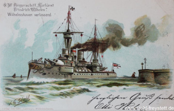 WV-Nr. 176, Wilhelmshaven, S.M. Panzerschiff Kurfürst Friedrich Wilhelm, um 1900, Lithographie