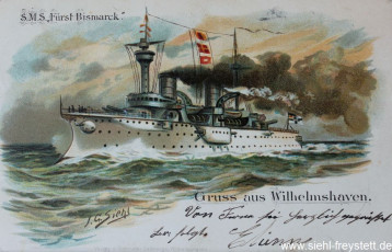 WV-Nr. 177, Wilhelmshaven, S.M.S. Fürst Bismarck, um 1900, Lithographie