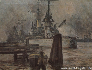 WV-Nr. 210, Wilhelmshaven, Kriegsschiffe, 1918, Öl auf Leinwand, 73,5 cm x 55 cm