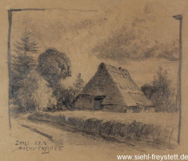 WV-Nr. 223, Zetel, Reetdachhof, 1913, Bleistift auf Papier, 36 cm x 29 cm, Privatbesitz