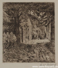 WV-Nr. 235, Unbekannter Ort, Hinterm Haus im Garten, 1900-1919, Radierung, 10,5 cm x 12 cm, Privatbesitz