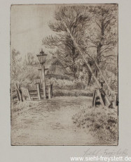 WV-Nr. 252, Unbekannter Ort, Straße mit Schranke, 1900-1919, Radierung, 9 cm x 11,7 cm, Privatbesitz