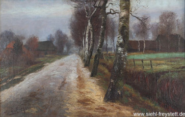 WV-Nr. 257, Unbekannter Ort, Straße mit Birken, 1900-1910, Öl auf Leinwand, 42,5 cm x 26,2 cm, Privatbesitz