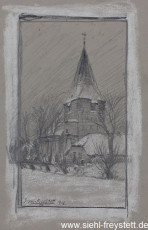 WV-Nr. 259, Wilhelmshaven, Kirche Neuende, 1912, Bleistift und Kreide auf Papier, 11 cm x 19 cm, Privatbesitz