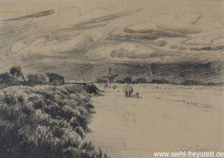WV-Nr. 287, Unbekannter Ort, Landschaft mit Mühle, 1900-1919, Kohle auf Papier, 31 cm x 22 cm, Privatbesitz