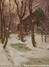 WV-Nr. 136, Unbekannter Ort, Friesisches Gehöft im Schnee, 1900-1919, Öl auf Karton, 40 cm x 53,8 cm, Privatbesitz