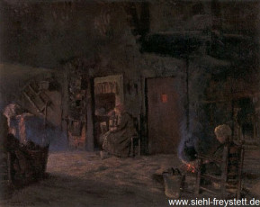 WV-Nr. 300, Unbekannter Ort, Diele mit Bäuerin und Kind am offenen Herdfeuer, 1900-1919, Öl auf Leinwand, 53 cm x 40,5 cm, Privatbesitz